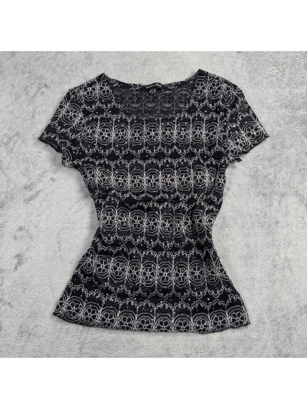 Vintage Y2K Brittany Black Fitted Baby Tee Sheer Floral Sparkle Whimsygoth 2000s